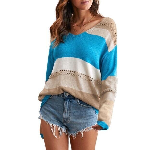 Stitching Hollow V-neck Loose Sweater