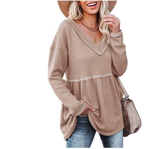 V-neck Long sleeved Waffle Pleated Sweater