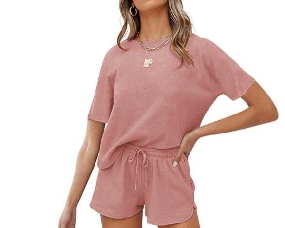 Waffle Knit Short Sleeve Top and Shorts Tracksuits