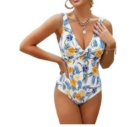 V-neck Pleated One Piece Swimsuit