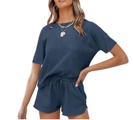 Waffle Knit Short Sleeve Top and Shorts Tracksuits