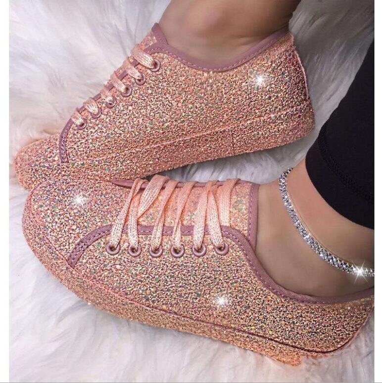 Lace Up Metallic Sequins Light Weight Sneaker