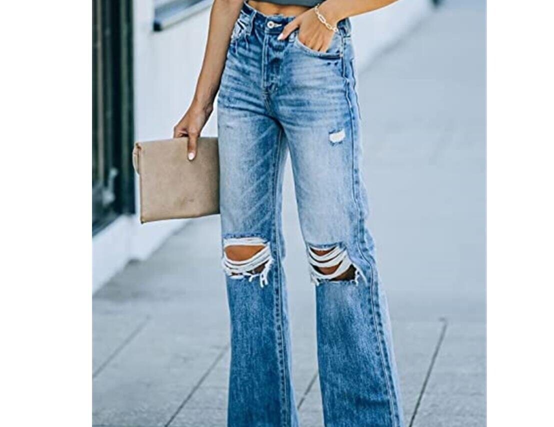 Ripped Denim Pants Distressed Wide Leg Jeans