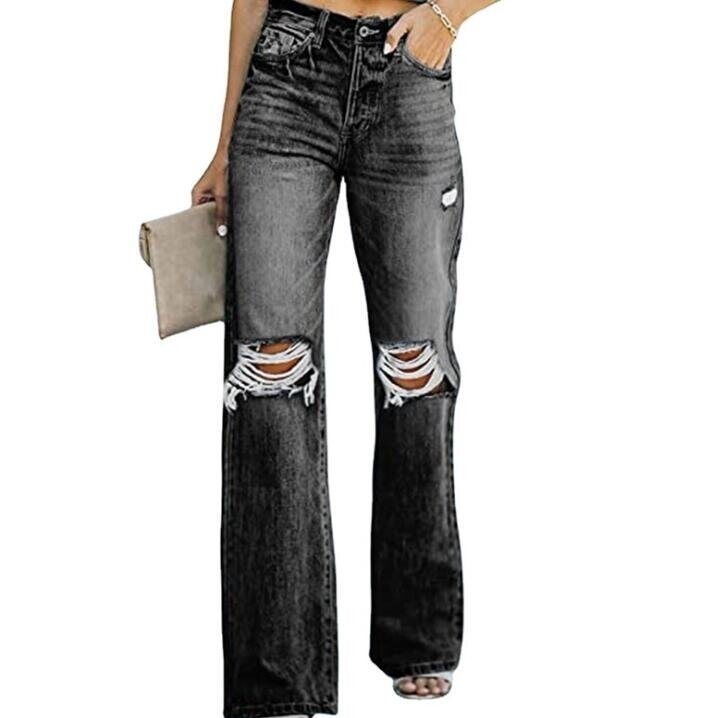 Ripped Denim Pants Distressed Wide Leg Jeans