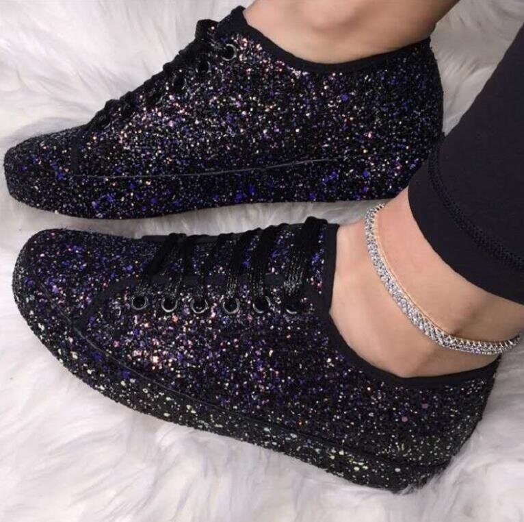 Lace Up Metallic Sequins Light Weight Sneaker