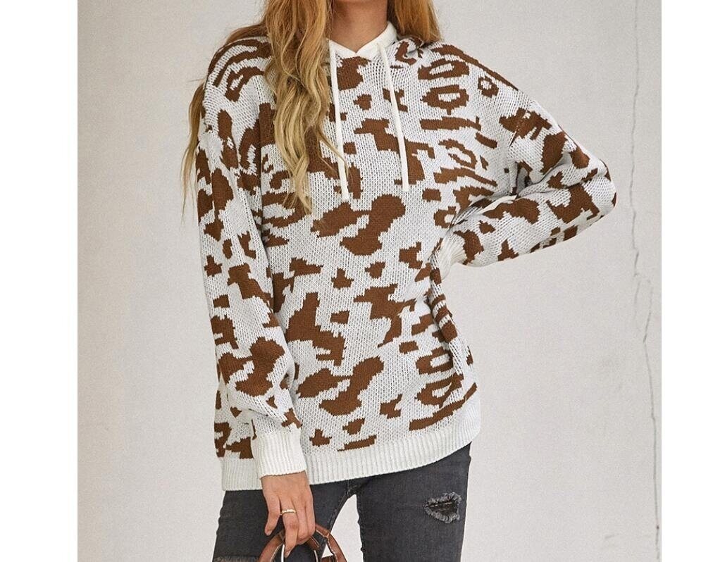 Leopard Print Drawstring Hooded Knitted Sweater