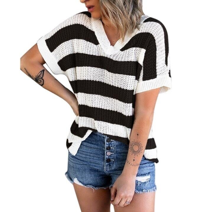 Striped V-neck Short Sleeved Pullover Shirt