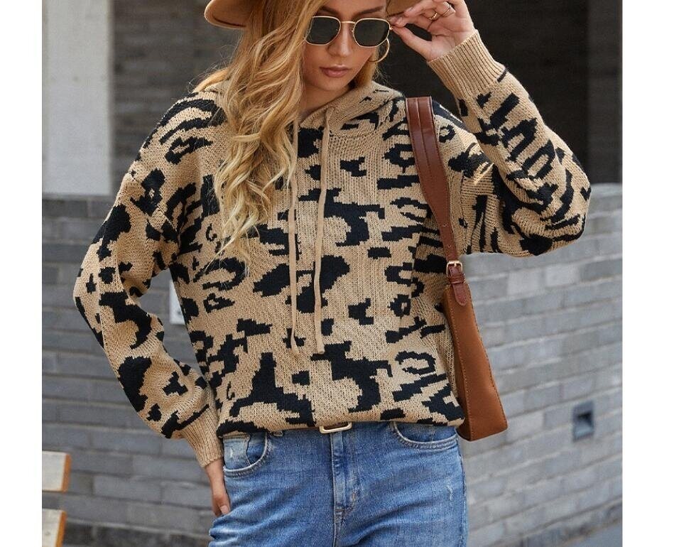 Leopard Print Drawstring Hooded Knitted Sweater