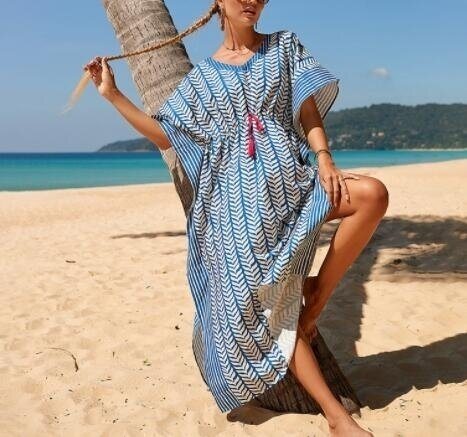 Printed Beach Blouse Drawstring Bikini Cover Up