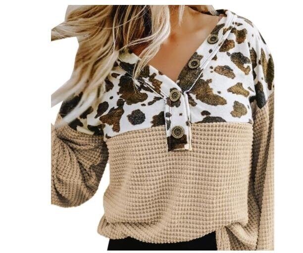 Half Button Leopard Waffle Knit Shirt