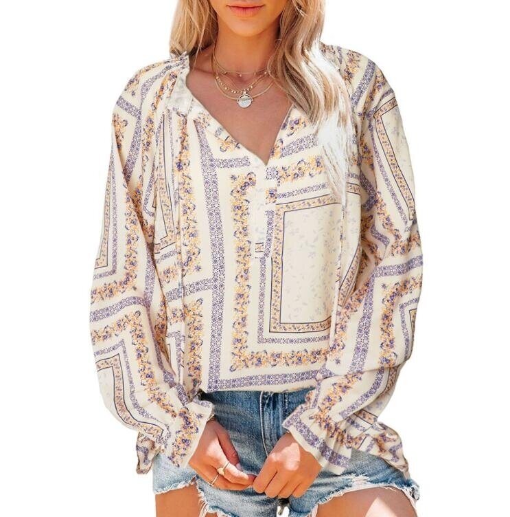 Boho Floral Print V Neck Long Sleeve Blouses Shirts Tops