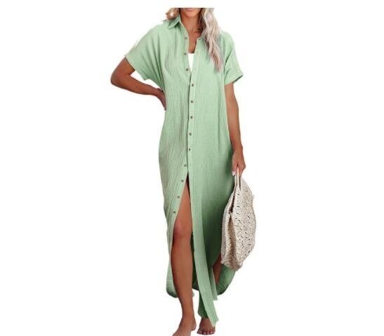 V-neck Buttons Short Sleeved Shirt Dress