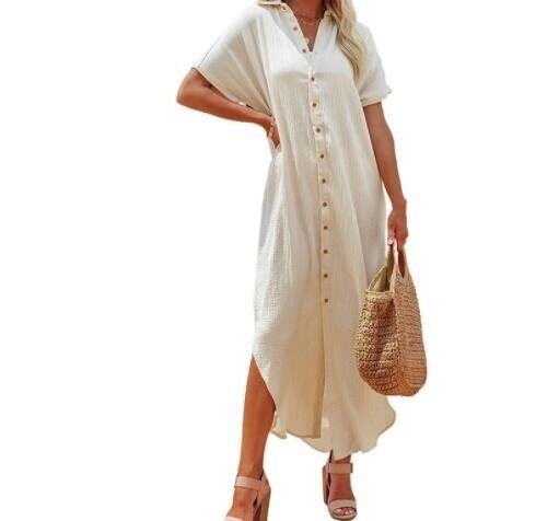 V-neck Buttons Short Sleeved Shirt Dress