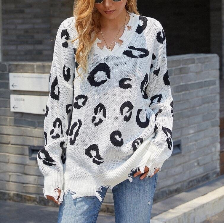 V-neck Leopard Tassel Sweater