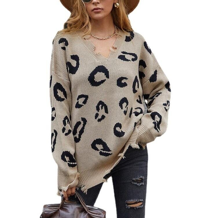 V-neck Leopard Tassel Sweater