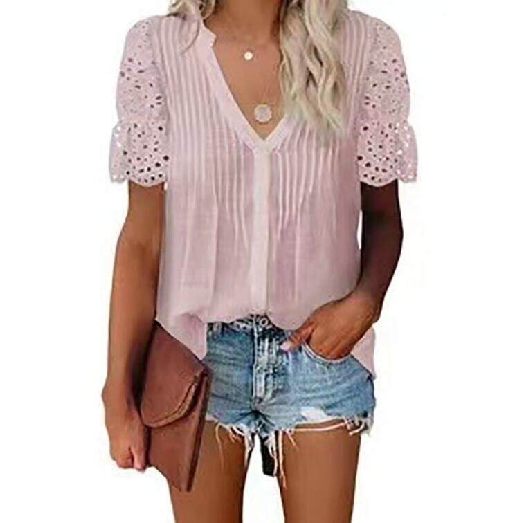 V-neck Pleated Lace Stitch Short Sleeved Shirt