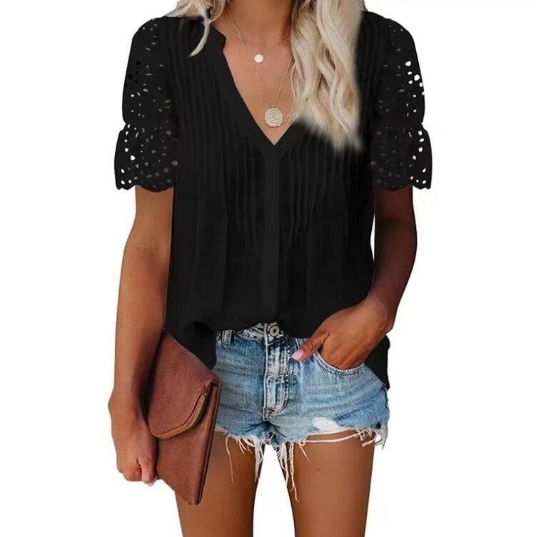 V-neck Pleated Lace Stitch Short Sleeved Shirt