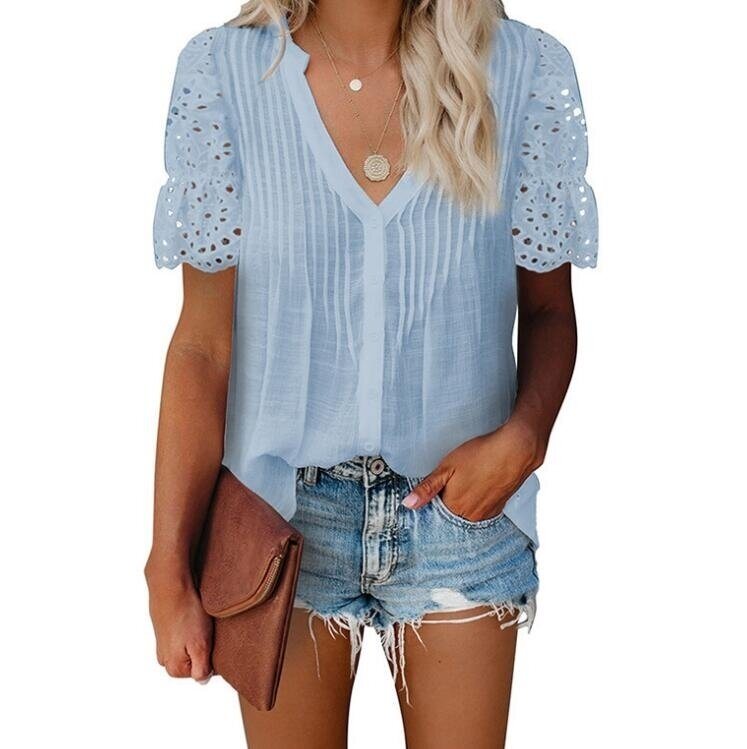 V-neck Pleated Lace Stitch Short Sleeved Shirt