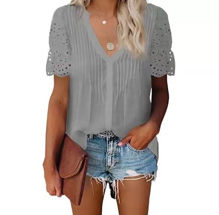 V-neck Pleated Lace Stitch Short Sleeved Shirt