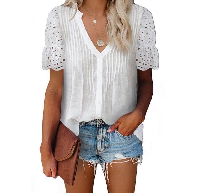 V-neck Pleated Lace Stitch Short Sleeved Shirt