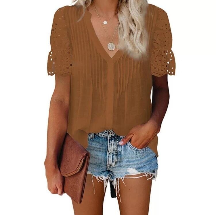 V-neck Pleated Lace Stitch Short Sleeved Shirt