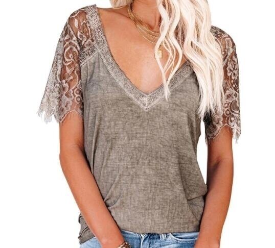 V Neck Lace Tee Tops Short Sleeve T Shirt Blouses