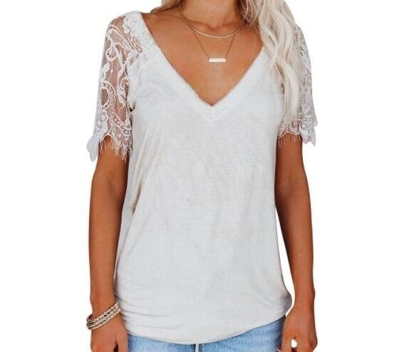 V Neck Lace Tee Tops Short Sleeve T Shirt Blouses