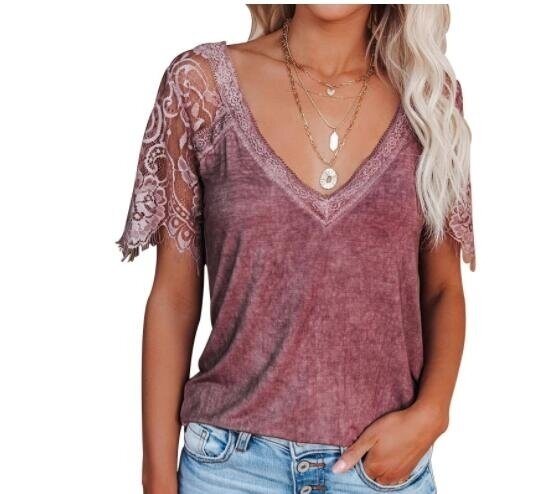 V Neck Lace Tee Tops Short Sleeve T Shirt Blouses