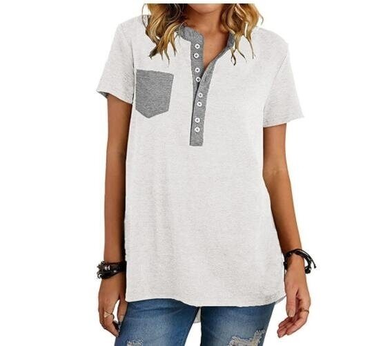 Buttons V-neck Pocket Short sleeved T-shirt