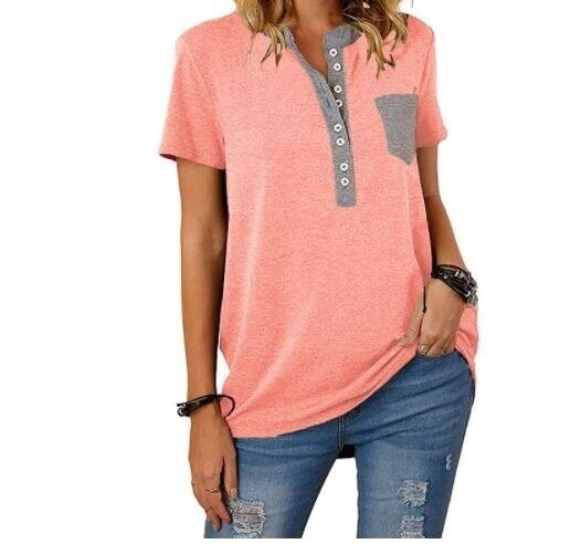 Buttons V-neck Pocket Short sleeved T-shirt