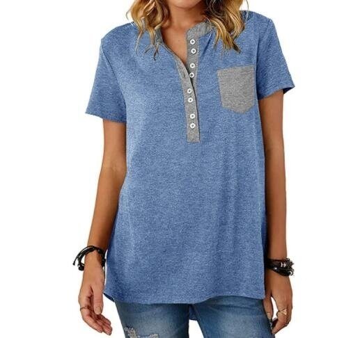 Buttons V-neck Pocket Short sleeved T-shirt