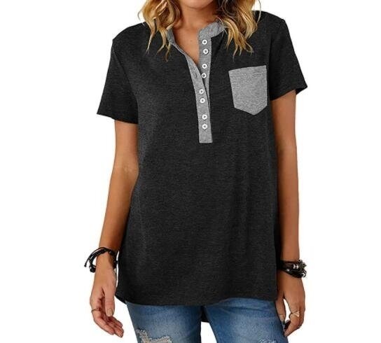 Buttons V-neck Pocket Short sleeved T-shirt