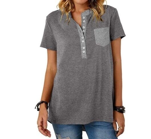 Buttons V-neck Pocket Short sleeved T-shirt