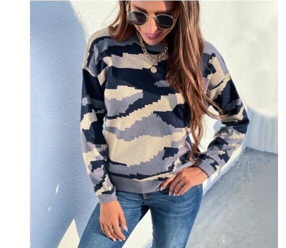 Crew Neck Camouflage Leopard Knit Sweater