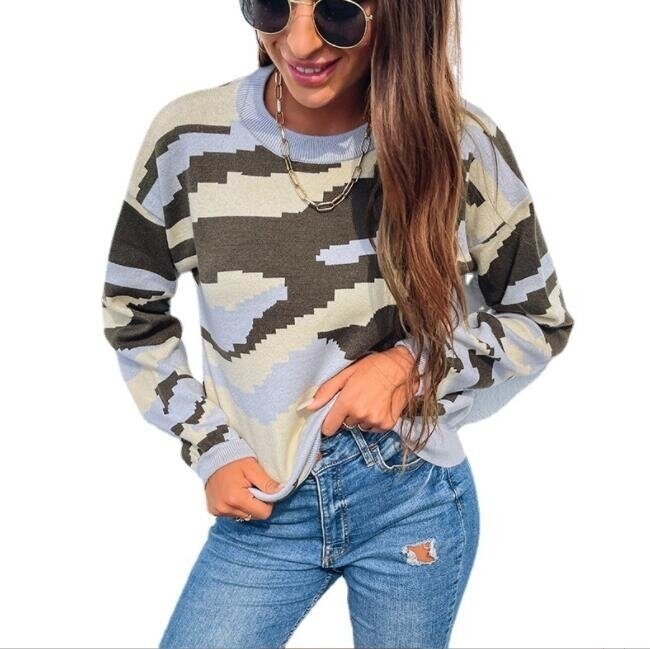 Crew Neck Camouflage Leopard Knit Sweater