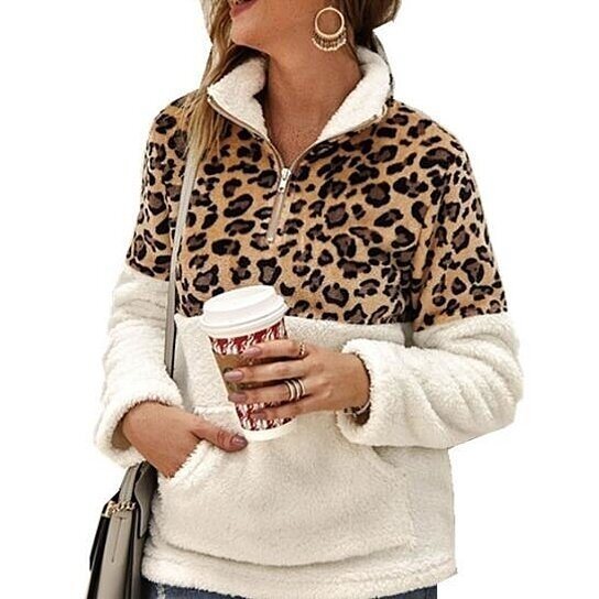 Leopard Sherpa Half-Zip Sweater Tops