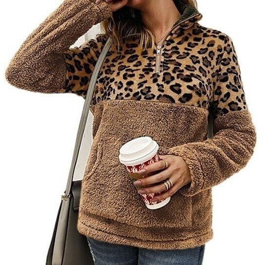 Leopard Sherpa Half-Zip Sweater Tops