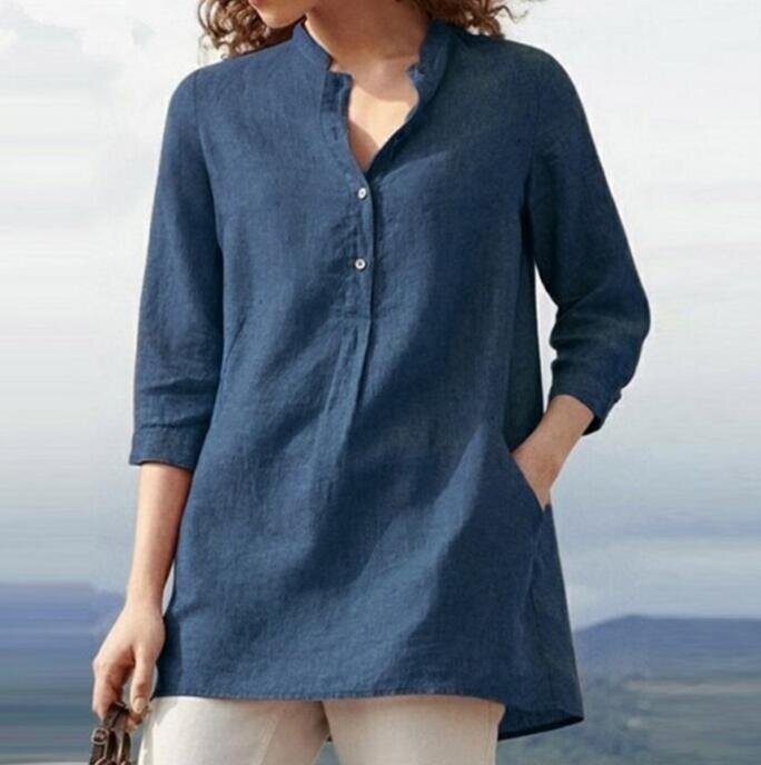 3/4 Sleeve Banded Collar Linen Shirt