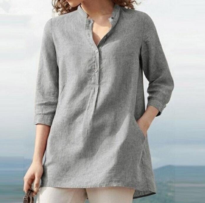 3/4 Sleeve Banded Collar Linen Shirt