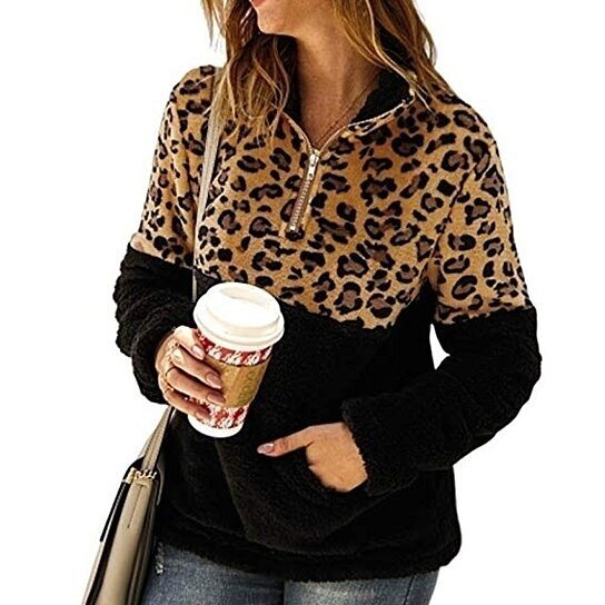 Leopard Sherpa Half-Zip Sweater Tops