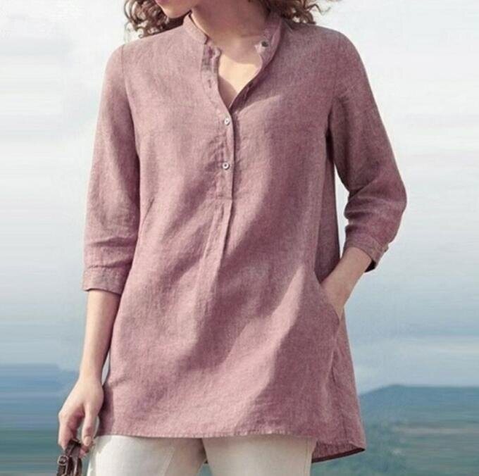 3/4 Sleeve Banded Collar Linen Shirt