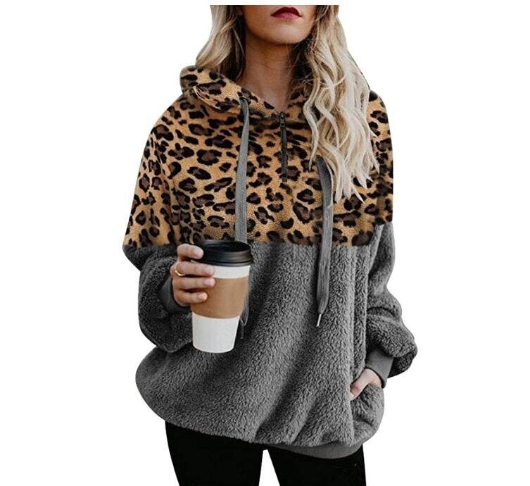 Leopard Print Hoodies Zip Up Faux Shearling Sweatshirt with Pocket