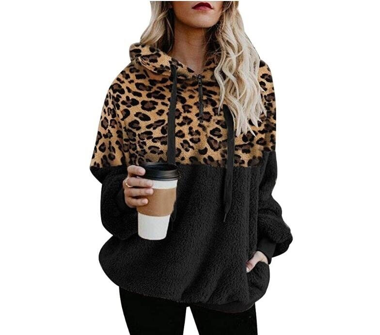 Leopard Print Hoodies Zip Up Faux Shearling Sweatshirt with Pocket