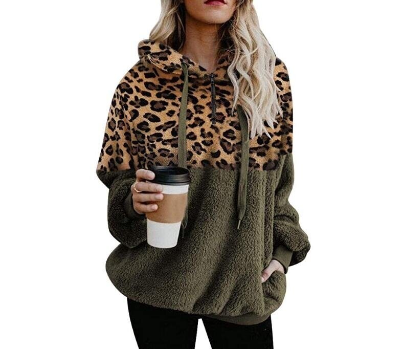 Leopard Print Hoodies Zip Up Faux Shearling Sweatshirt with Pocket