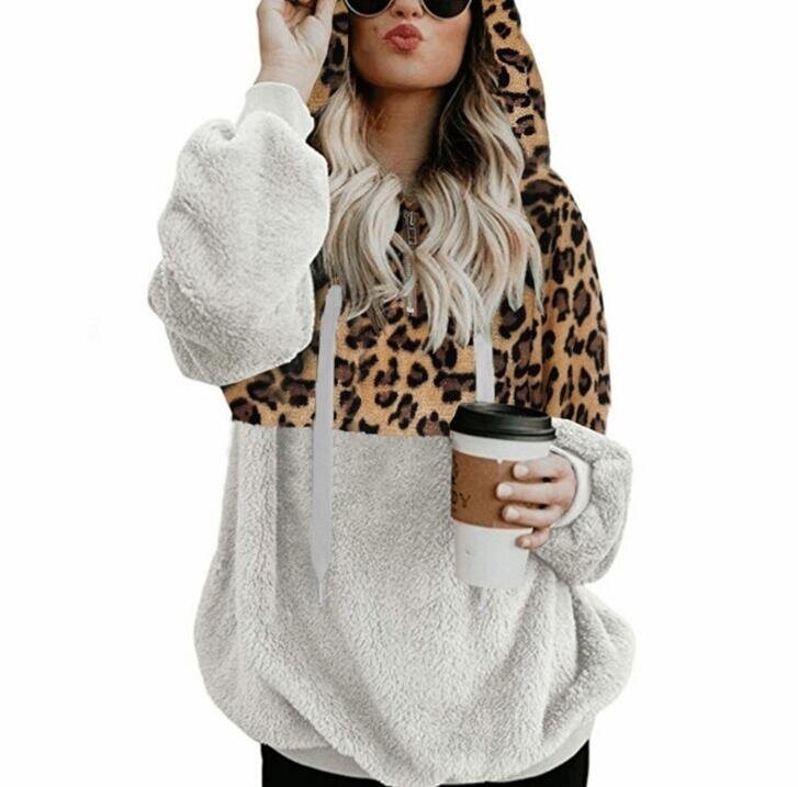 Leopard Print Hoodies Zip Up Faux Shearling Sweatshirt with Pocket