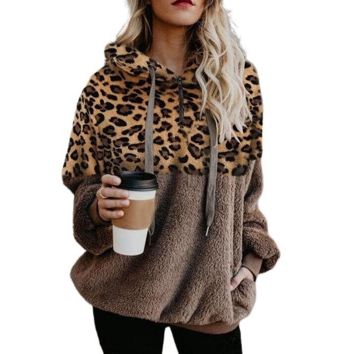 Leopard Print Hoodies Zip Up Faux Shearling Sweatshirt with Pocket