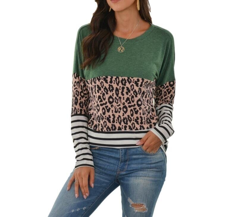 Leopard Print Color Block Striped Long Sleeve Tops