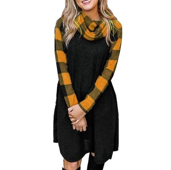 Check Print Stitch Long Sleeve Dress