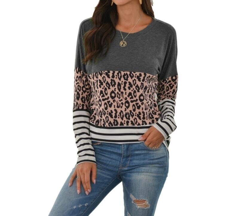 Leopard Print Color Block Striped Long Sleeve Tops