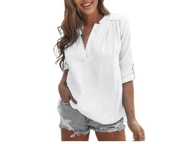 Linen Shirt Blouse Casual V-Neck Tops